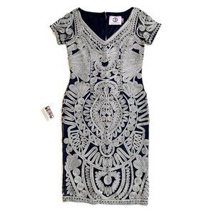 JS Collections Cocktail Dress Soutache & Mesh Cocktail Cloud Navy Mini SZ 6 New